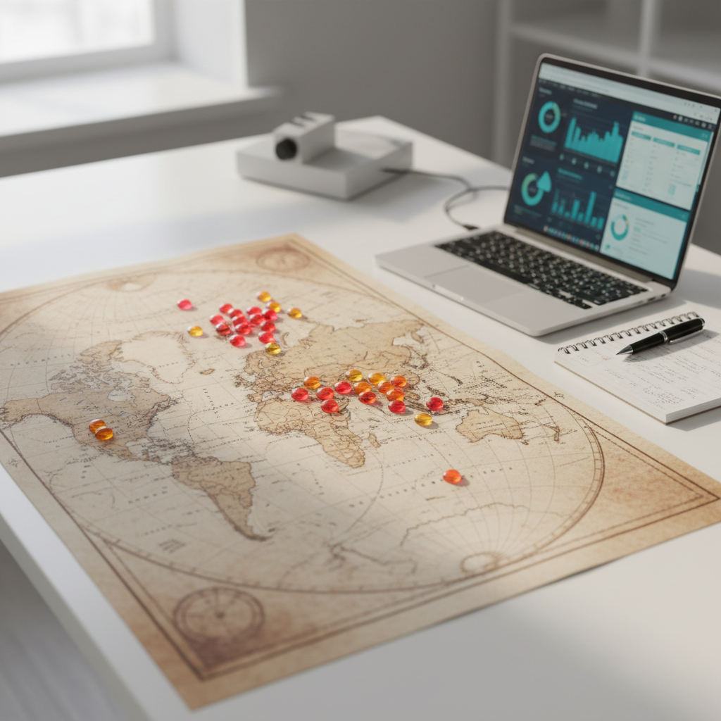 A high-resolution, photographic image of a large, detailed world map laid flat on a clean white research table, with clusters of small translucent markers indicating outbreak locations on several continents. Beside the map rests a sleek silver laptop displaying a blurred epidemiological dashboard, and a neatly arranged spiral-bound notebook with a fine-tip pen. Soft, diffused daylight from an unseen window washes across the scene, creating gentle shadows and subtle reflections on the glossy map surface. Shot from a slightly elevated angle with sharp focus on the markers and a mild background blur, the mood is professional, analytical, and calm, evoking careful global surveillance of epidemics without showing any people.